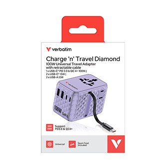 Verbatim, Cestovní adaptér univerzální Charge ,n, Travel 2x USB-C, 2X USB-A + 1x integrovaný kabel USB-C, fialová, 100 W.