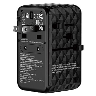 Verbatim UTA-10 GaN III 32125, Univerzálny cestovný adaptér, 2x USB-C PD a QC 4+, 1x USB-C PD 3.0, 1x USB-A QC, čierny, 140 W.

 Cestovný adaptér pre celý svet Univerzálny cestovný adaptér Verbatim GaN III možno použiť vo viac ako 180 krajinách – berte si ho so sebou všade a nikdy nebudete bez elektrickej energie.

Cestovný adaptér Verbatim využíva najnovšiu technológiu GaN, čo je polovodičový materiál, ktorý efektívne zvládne aplikácie s vysokým napätím a vysokou frekvenciou.

Superrýchle nabíjanie 5 v 1
Kompaktný a výkonný univerzálny cestovný adaptér Verbatim GaN III umožňuje nabíjať päť zariadení súčasne prostredníctvom zásuvky striedavého prúdu a troch portov USB-C a jedného portu USB-A.

Všetky štyri porty USB poskytujú veľmi rýchle nabíjanie.

Štýlový, kompaktný a bezpečný
Tento univerzálny adaptér, ktorý zaujme atraktívnym 3D dizajnom v čiernom prevedení, je vyrobený z vysoko kvalitného ohňovzdorného polykarbonátu a má certifikáciu CE, UKCA, FCC a ROHS.

Disponuje bezpečnostnými uzávermi slúžiacimi ako ochrana detí – možno ho otvoriť iba silou vyššou ako 75 N (7,5 kg) na otvor a poistka BS1362 (vrátane náhradného kusu) dáva používateľom 100% istotu bezpečia, nech sa vydajú kamkoľvek.

Detaily produktu
Celosvetový cestovný adaptér s technológiou GaN III
Formáty zástrčiek pre EÚ, UK, USA/Japonsko, AUS (vhodné pre viac ako 180 krajín) Štyri ultra rýchle nabíjacie porty USB: - 2 × výstup USB-C Power Delivery 3.1 (podpora PPS) a Quick Charge 4+: každý až 140 W
- 1 × výstup USB-C PD Quick Charge 3.0: až 18 W
- 1 × výstup USB-A Quick Charge: až 18 W
Podporuje nabíjanie piatich zariadení naraz
Bezpečnostný uzáver bráni vloženiu cudzích objektov do zásuvky
Vyrobené z ohňovzdorného polykarbonátu
Certifikovaná 10A poistka (spĺňajúca BS1362) + náhradná poistka
LED indikátor stavu
Vrátane cestovného puzdra
Kompaktný dizajn s elegantným povrchom
Dvojročná obmedzená doživotná záruka

Požiadavky na systém
Do adaptéra je možné zapojiť tieto zástrčky:
typ A, typ B, typ C, typ E, typ F, typ G, typ I, typ J, typ L, typ N
Nasledujúce zástrčky kompatibilné nie sú:
typ D, typ H, typ K, typ M, typ O
Zásuvky, do ktorých možno cestovný adaptér zapojiť:
typ A, typ B, typ C, typ D, typ E, typ F, typ G, typ H, typ I, typ J, typ K, typ L, typ N, typ O
Cestovný adaptér je vhodný na použitie s väčšinou elektronických zariadení do 2500 W pri napätí 250 V a 1000 W pri napätí 100 V.

Technické údaje
Vstup striedavého prúdu: 100 V – 250 V, 50/60 Hz
Menovité hodnoty: 100–250 V ~ max.
Celkový výstup jednosmerného prúdu: max.
Prevádzková teplota: 0–25 °C
Podporuje PD3.1, PD3.0, QC4+, QC 3.0, FCP, SCP, AFC, PPS, BC1-2 a ďalšie
Rozmery: 93,1 mm x 53,4 mm x 55,3 mm
Hmotnosť produktu: 264 g
Vrátane cestovného puzdra: 70 mm × 60 mm × 93 mm / hmotnosť: 30 g / materiál: nylon + PVC

Obsah balenia
Univerzálny cestovný adaptér Verbatim UTA-10 GaN III
Príručka pre rýchly štart
Cestovné puzdro