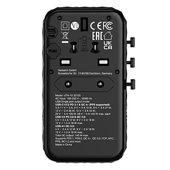 Verbatim UTA-10 GaN III 32125, Univerzálny cestovný adaptér, 2x USB-C PD a QC 4+, 1x USB-C PD 3.0, 1x USB-A QC, čierny, 140 W.

 Cestovný adaptér pre celý svet Univerzálny cestovný adaptér Verbatim GaN III možno použiť vo viac ako 180 krajinách – berte si ho so sebou všade a nikdy nebudete bez elektrickej energie.

Cestovný adaptér Verbatim využíva najnovšiu technológiu GaN, čo je polovodičový materiál, ktorý efektívne zvládne aplikácie s vysokým napätím a vysokou frekvenciou.

Superrýchle nabíjanie 5 v 1
Kompaktný a výkonný univerzálny cestovný adaptér Verbatim GaN III umožňuje nabíjať päť zariadení súčasne prostredníctvom zásuvky striedavého prúdu a troch portov USB-C a jedného portu USB-A.

Všetky štyri porty USB poskytujú veľmi rýchle nabíjanie.

Štýlový, kompaktný a bezpečný
Tento univerzálny adaptér, ktorý zaujme atraktívnym 3D dizajnom v čiernom prevedení, je vyrobený z vysoko kvalitného ohňovzdorného polykarbonátu a má certifikáciu CE, UKCA, FCC a ROHS.

Disponuje bezpečnostnými uzávermi slúžiacimi ako ochrana detí – možno ho otvoriť iba silou vyššou ako 75 N (7,5 kg) na otvor a poistka BS1362 (vrátane náhradného kusu) dáva používateľom 100% istotu bezpečia, nech sa vydajú kamkoľvek.

Detaily produktu
Celosvetový cestovný adaptér s technológiou GaN III
Formáty zástrčiek pre EÚ, UK, USA/Japonsko, AUS (vhodné pre viac ako 180 krajín) Štyri ultra rýchle nabíjacie porty USB: - 2 × výstup USB-C Power Delivery 3.1 (podpora PPS) a Quick Charge 4+: každý až 140 W
- 1 × výstup USB-C PD Quick Charge 3.0: až 18 W
- 1 × výstup USB-A Quick Charge: až 18 W
Podporuje nabíjanie piatich zariadení naraz
Bezpečnostný uzáver bráni vloženiu cudzích objektov do zásuvky
Vyrobené z ohňovzdorného polykarbonátu
Certifikovaná 10A poistka (spĺňajúca BS1362) + náhradná poistka
LED indikátor stavu
Vrátane cestovného puzdra
Kompaktný dizajn s elegantným povrchom
Dvojročná obmedzená doživotná záruka

Požiadavky na systém
Do adaptéra je možné zapojiť tieto zástrčky:
typ A, typ B, typ C, typ E, typ F, typ G, typ I, typ J, typ L, typ N
Nasledujúce zástrčky kompatibilné nie sú:
typ D, typ H, typ K, typ M, typ O
Zásuvky, do ktorých možno cestovný adaptér zapojiť:
typ A, typ B, typ C, typ D, typ E, typ F, typ G, typ H, typ I, typ J, typ K, typ L, typ N, typ O
Cestovný adaptér je vhodný na použitie s väčšinou elektronických zariadení do 2500 W pri napätí 250 V a 1000 W pri napätí 100 V.

Technické údaje
Vstup striedavého prúdu: 100 V – 250 V, 50/60 Hz
Menovité hodnoty: 100–250 V ~ max.
Celkový výstup jednosmerného prúdu: max.
Prevádzková teplota: 0–25 °C
Podporuje PD3.1, PD3.0, QC4+, QC 3.0, FCP, SCP, AFC, PPS, BC1-2 a ďalšie
Rozmery: 93,1 mm x 53,4 mm x 55,3 mm
Hmotnosť produktu: 264 g
Vrátane cestovného puzdra: 70 mm × 60 mm × 93 mm / hmotnosť: 30 g / materiál: nylon + PVC

Obsah balenia
Univerzálny cestovný adaptér Verbatim UTA-10 GaN III
Príručka pre rýchly štart
Cestovné puzdro