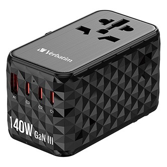 Verbatim UTA-10 GaN III 32125, Cestovní adaptér univerzální, 2x USB-C PD a QC 4+, 1x USB-C PD 3.0, 1x USB-A QC, černý, 140 W