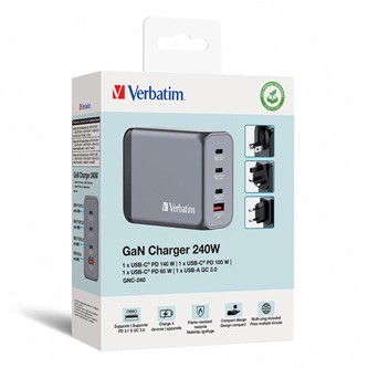 Verbatim GaN 32205, cestovná nabíjačka do siete, USB 3.0, USB C, sivá, 240 W, vymeniteľné vidlice C,G,A.

Bezdrôtové nabíjanie 4 v 1 s výkonom 240 W
Verbatim GaN nabíjačka do siete s výkonom 240 W v elegantnom dizajne, ktorý sa zmestí do dlane, kombinuje jeden port USB-C PD 140 W, jeden port USB-C PD 100 W, jeden port USB-C PD 65 W a jeden port USB-A QC 3.0.
Vďaka skladacej vidlici pre USA a vymeniteľnej zástrčke pre EÚ a Spojené kráľovstvo ide o dokonalého spoločníka na cestovanie.

Technológia GaN
Technológia GaN (Galium Nitride) prináša výkonné, rýchle a efektívne nabíjanie, pri ktorom dochádza k tvorbe menšieho množstva tepla.

Bezpečnosť a spoľahlivosť
GaN nabíjačka je vyrobená z vysoko kvalitných ohňovzdorných materiálov a je vybavená štyrmi bezpečnostnými ochrannými systémami, vrátane ochrany proti nadprúdu, prepätiu, skratu a nadmernej teplote.

Podrobnosti o produkte
Podporuje nabíjanie až troch zariadení naraz s maximálnym celkovým výstupom 240 W.
Vybavená je 1 × USB-C® PD 3.1 s výkonom až 140W, 1 × USB-C PD 3.0 o výkone až 100W, 1 × USB-C PD 3.0 o výkone až 65W a 1 × USB-A QC 3.0 o výkone až 60W.
Integrovaná technológia GaN je zárukou efektívneho nabíjania, navyše generuje menej tepla.
Skvelý spoločník na cesty vďaka skladacej vidlici pre USA, vymeniteľným zástrčkám pre EÚ a Spojené kráľovstvo a štíhlemu kompaktnému dizajnu.
Podporuje superrýchle nabíjanie prostredníctvom USB Power Delivery 3.1 a 3.0, PPS a Quick Charge 3.0.
Technológia PPS (Programmable Power Supply) prináša ideálny výkon pre ideálne nabitie.
Nabíjačka je vyrobená z vysoko kvalitných ohňovzdorných materiálov a je vybavená štyrmi bezpečnostnými ochrannými systémami, vrátane ochrany proti nadprúdu, prepätiu, skratu a nadmernej teplote.
Obal neobsahuje plasty.
Dvojročná obmedzená záruka.

Technické údaje
 Vstupné napätie:
AC 100–240 ~50/60 Hz 2,8 A max.
Výstup USB-C1 PD 3.1: 3,3–21 V ⎓ 5 A, 5 V ⎓ 3 A, 9 V ⎓ 3 A, 12 V ⎓ 3 A, 15 V ⎓ 3 A, 20 V ⎓ 5 A, 28 V ⎓ 5 A (max.
Výstup USB-C2 PD 3.0: 3,3–21 V ⎓ 5 A, 5 V ⎓ 3 A, 9 V ⎓ 3 A, 12 V ⎓ 3 A, 15 V ⎓ 3 A, 20 V ⎓ 5 A (max.
Výstup USB C3 PD 3.0: 3,3–11 V ⎓ 5 A, 5 V ⎓ 3 A, 9 V ⎓ 3 A, 12 V ⎓ 3 A, 15 V ⎓ 3 A, 20 V ⎓ 3,25 A (max.
Výstup USB-A QC3.0: 4,5 V ⎓ 5 A, 5 V ⎓ 4,5 A, 5 V ⎓ 3 A, 9 V ⎓ 3 A, 12 V ⎓ 3 A, 20 V ⎓ 3 A (max.
Výstup USB-C1 + USB-C2: 140 W + 100 W
Výstup USB-C1 + USB-C3: 140 W + 65 W
Výstup USB-C1 + USB-USB-A: 140 W + 60 W
Výstup USB-C2 + USB-C3: 65 W + 35 W
Výstup USB-C2 + USB-USB-A: 65 W + 30 W
Výstup USB-C3 + USB-USB-A: 12 W + 12 W
Výstup USB-C1 + USB-C2 + USB-C3: 140 W + 65 W + 35 W
Výstup USB-C1 + USB-C2 + USB-A: 140 W + 65 W + 30 W
Výstup USB-C1 + USB-C3 + USB-A: 140 W + 12 W + 12 W
Výstup USB-C2 + USB-C3 + USB-A: 65 W + 12 W + 12 W
Výstup USB-C1 + USB-C2 + USB-C3 + USB-A: 140 W + 65 W + 12 W + 12 W Celkový výstup: max.
Ochrana proti skratu
Ochrana proti prepätiu
Ochrana proti nadprúdu
Ochrana proti prílišnej teplote

 Materiál: plastové telo - polykarbonát + ABS + ohňovzdorný materiál Rozmery výrobku: 90,5 × 65 × 36,1 mm (š x v x h) Hmotnosť: 414 gramov   Obsah balenia
Nabíjačka GaN
Adaptér pre EÚ
Adaptér pre Spojené kráľovstvo
Príručka pre rýchly štart
