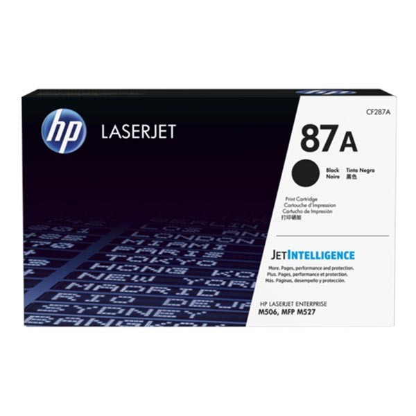 HP 87A CF287A čierný (black) originálny toner.
Originálny toner = záruka priamo od výrobcu tlačiarne
100 % použitie v tlačiarni - bezproblémové fungovanie s vašou tlačiarňou
Použitím originálnej náplne predlžujete životnosť tlačiarne
Osvedčená špičková kvalita - vysoko kvalitná a spoľahlivá tlač originálnou tlačovou kazetou od prvej do poslednej stránky
Trvalé a profesionálne výsledky tlače - dlhodobá udržateľnosť tlače
Kratšia prodleva pri tlači stránok
Garancia Vašej spokojnosti s použitím našej originálnej náplne
Zabezpečujeme bezplatnú recykláciu originálnych náplní
Zlyhanie náplne v menej ako 1% prípadov
Jednoduchá a rýchla výmena náplne

Kód výrobcu: CF287A