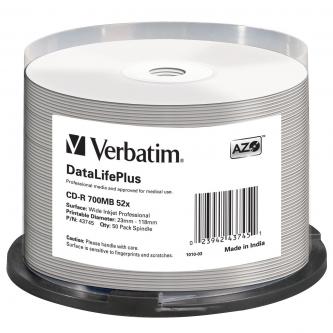 Verbatim CD-R, 43745, DataLifePlus Wide Inkjet Printable, 50-pack, 700MB, 52X, 80min., 12cm, spindle, pro archivaci dat
