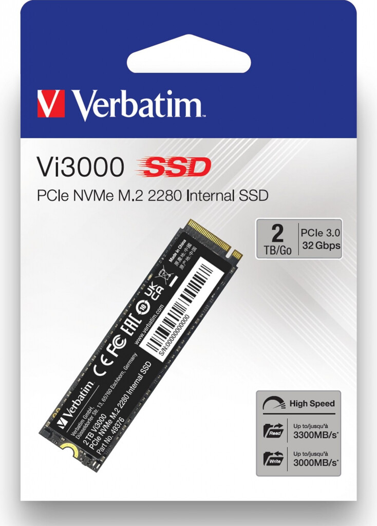 Levně Interní disk SSD Verbatim interní NVMe, 2000GB, GB, Vi3000 M.2, 49376, 3300 MB/s-R, 3000 MB/s-W