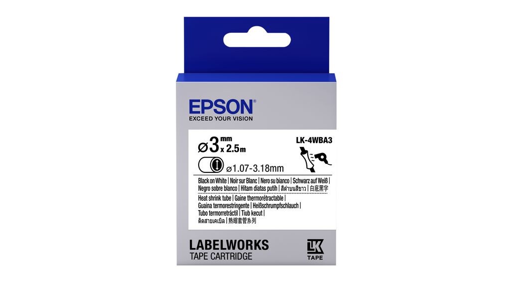 E-shop Epson LK-4WBA3 C53S654903 4mm x 3m, čierna tlač / biely podklad, originálna zmršťovacia bužírka