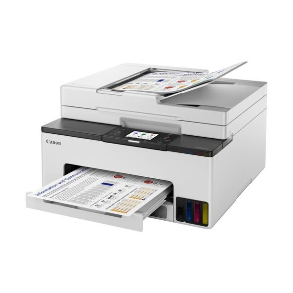 Canon MAXIFY GX2040 6171C007 atramentová multifunkcia.

S touto kompaktnou tlačiarňou MegaTank 4 v 1 si doma vytvoríte malú kanceláriu.

* Wi-Fi, Ethernet, tlač, kopírovanie, skenovanie, faxovanie a pripojenie ku cloudu
* Farebný dotykový displej LCD s uhlopriečkou 2,7“ (6,9 cm)


Formát tlačiarne:  A4
Rozlíšenie [DPI]: Až 600 × 1 200 dpi
Rýchlosť čiernej tlače:  približ.
Rýchlosť farebnej tlače:  približ.
Max.

Tlač prvej strany [sec]: 
Čiernobielo: 9 s (pripravené/jednostranne)
Farebne: 11 s (pripravené/jednostranne)

Obojstranná tlač: A4, Letter – bežný papier (iba zásobník)

Kapacita zásobníka [str]: 
*Maximálna vstupná kapacita papiera: Zásobník: max.
*Automatický podávač dokumentov: A4, LTR = 35, LGL = 5, ostatné = 1

Rozhranie: 
*USB Hi-Speed (port B)
*Ethernet: 10/100 Mb/s (automatické prepínanie)
*Wi-Fi: IEEE802.11 b/g/n/a/ac
*Zabezpečenie Wi-Fi: WPA-PSK (TKIP/AES), WPA2-PSK (TKIP/AES), WPA3-SAE (AES), WPA-EAP (AES), WPA2-EAP (AES), WPA3-EAP (AES)

Skenner: 
*Typ skenera: Plochý farebný skener CIS (doska)
*Rozlíšenie skenera (optické): 1 200 × 2 400 dpi
*Rýchlosť skenovania riadkov: Farebne: 3,5 ms/riadok (300 dpi)/ Stupne šedej: 1,5 ms /riadok (300 dpi)
*Hĺbka skenovania (vstup/výstup): Farba: 16-bitový/8-bitový pre každú zložku RGB / Stupne šedej: 16 bitov / 8 bitov
*Maximálna veľkosť dokumentu: Sklo: A4 / Letter (216 × 297 mm)

Fax:  Stolný prijímač (Super G3 / komunikácia farieb)

Spotreba [W]: 

*Vypnuté: približ.
*Pohotovostný režim (pri pripojení k počítaču cez USB): približ.
*Pohotovostný režim (pripojené všetky porty): približne 1,4 W
*Čas do prechodu do pohotovostného režimu: 5 min 1 s
*Kopírovanie: približ.

Hlučnosť [dB]: pribl.

Rozmery (Š × H × V): 
*So zasunutými zásobníkmi: Pribl.
*S vysunutými zásobníkmi: Pribl.

Hmotnosť [kg]:  približ.

Podporované operačné systémy: 

Windows 11, Windows 10, Windows 8.1, Windows 7 SP1
Funkčnosť možno zaručiť iba na počítači s predinštalovaným operačným systémom Windows 7 alebo novším.
Iba ovládač a asistenčný nástroj pre tlačiarne IJ: Windows Server 2008 R2 SP1, Windows Server 2012 R2, Windows Server 2016, Windows Server 2019 a Windows Server 2022.

Monitor: rozlíšenie XGA 1 024 × 768 alebo vyššie

Mac: macOS 10.15.7 až macOS 11, macOS 12, macOS 13>

Chrome OS

Mobilné operačné systémy: iOS®, iPadOS, Android™

Obsah balenia:
*MAXIFY GX2040
*4 atramentové fľaštičky s vysokou výťažnosťou (1× čierna a 1× C/M/Y)
*Napájací kábel
*Príručky a ďalšie dokumenty
*Inštalačný disk CD-ROM (disk CD len pre systém Windows)

Záruka: 24 mesiacov
 
!