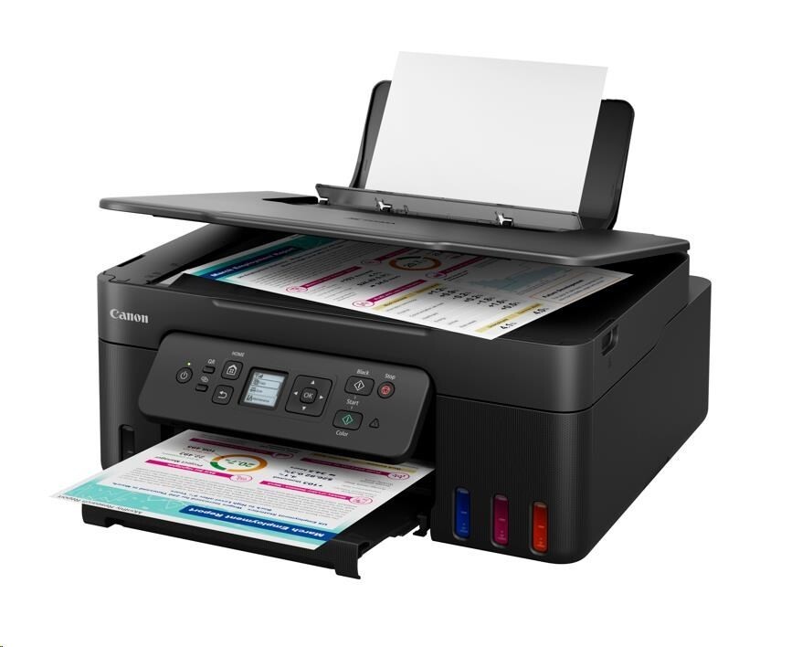Canon G3480 6708C009 atramentová multifunkcia.
Technológia tlače: 2 kazety FINE (čierna a farebná)
Rýchlosť čiernobielej tlače: Približne 11 obr./min
Rýchlosť farebnej tlače: Približne 6 obr./min
Bezokrajová tlač: Áno
Obojstranná tlač: áno, automatickáKazety a výťažnosť A4:
GI-41 (PGBK) - 6000 strán
GI-41 (C) - 7700 strán
GI-41 (M) - 7700 strán
GI-41 (Y) - 7700 stránGI-41S (PGBK) - 3100 stránok
GI-41S (C) - 4400 stránok
GI-41S (M) - 4400 stránok
GI-41S (Y) - 4400 stránokMaximálna vstupná kapacita zásobníka: papiera: zadný podávač max.
Plochý skener fotografií a dokumentov so snímačom CIS

Rozlíšenie skenera: 600 × 1 200 dpi
Maximálna veľkosť dokumentu: A4Kopírovanie
3 úrovne (ekonomická, štandardná, vysoká)

Rýchlosť kopírovania: sFCOT: približ.
Viacnásobné kopírovanie: 99 kópií (max.)Typ rozhrania:
Displej LCD (1,34