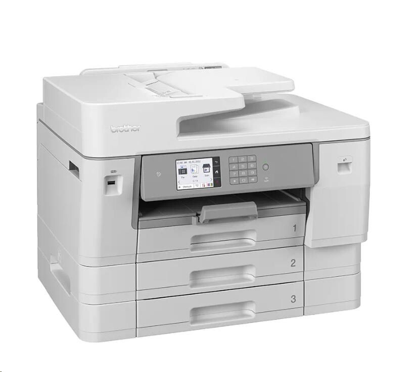 Brother MFCJ-6957DW, MFCJ6957DWRE1 atramentová multifunkcia.
Táto multifunkčná tlačiareň prichádza s najnovšou technológiou tlačovej hlavy, ktorá zabezpečuje rýchlu, trvanlivú tlač v živých farbách.
Rýchlosť tlače až 30 ipm (obrazov za min.)
Automatická obojstranná A3 tlač, skenovanie, kopírovanie a faxovanie
8,8 cm farebný dotykový displej
Drôtové a bezdrôtové sieťové rozhranie
Zásobníky papiera 3 x 250 listov
Doskový podávač s kapacitou 100 listov
Automatický obojstranný podávač dokumentov (ADF) s kapacitou 50 listov
Funkcia NFC (komunikácia v blízkom poli) pre bezpečné overovanie, mobilnú tlač a skenovanie
Vysokokapacitné tlačové kazety: BK 6 000 strán, C/M/Y 5 000 strán
Inkjet

Formát tlačiarne: A3
Rozlíšenie [DPI]: Až 1 200 x 4 800 dpi
Rýchlosť čiernej tlače: Jednostranne: 30 obr./min., Obojstranne 21 obr./min.
Rýchlosť farebnej tlače: Jednostranne: 30 obr./min., Obojstranne 21 obr./min.
Tlač prvej strany [sec]: 4,6 sekundy farebne a 4,4 sekundy mono
Max.
Pamäť [MB]: 512 MBObojstranná tlač: Automatická obojstranná A3 tlač
Automatický podávač pre skenovanie: ánoKapacita zásobníka [str]:Vstup papiera:
Horný zásobník: 250 listov
Spodné 2 zásobníky: 250 listov
Doskový podávač: 100 listov
Automatický podávač dokumentov (50 listov)

Výstup papiera:
100 listov A4/ 50 listov A3

Rozhranie:
Rýchly Ethernet, 10Base-T/100Base-TX
Hi Speed USB 2.0
Bezdrôtová sieť: podpora 2,4 GHz a 5 GHz, Wi Fi Direct
Integrovaná NFC čítačka

Tlačové jazyky: PCL6, BR Script3, PDF verzia 1.7, XPS verzia 1.0Skener: Dvojitý CIS
Fax: 33 600 bps (Super G3)Spotreba [W]:
Kopírovanie: približne 31 W
Pripravenosť: približne 6 W
Spánok: približne 0,9 W
Vypnuté približne 0,03 W

Hlučnosť [dB]: 50 dB(A)
Rozmery [VxŠxH mm]: 576 x 477 x 445 mm
Hmotnosť [kg]: 27,5 kgZáruka: 24 mes.
 
!