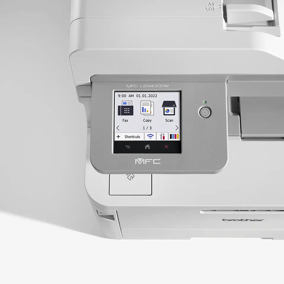 Brother MFC-L8340CDW MFCL8340CDWYJ1 laserová multifunkcia.
Tlač s rýchlosťou až 30 strán za minútu
Obojstranná tlač s rýchlosťou až 12 strán za minútu
Skenovanie s rýchlosťou až 27 obrazov za minútu
8,8 cm farebný dotykový displej
5GHz WiFi a USB
Tlač alebo skenovanie priamo z počítača, USB alebo mobilnej aplikácie
Interná pamäť 512 MB
Automatický podávač dokumentov (ADF) s kapacitou 50 listov papiera
Vstupný zásobník papiera s kapacitou 250 listov papiera
Súčasťou dodávky tonery s maximálnou výťažnosťou 1 000 strán
Kompatibilné s riešeniami Brother a tretích strán
Dostupné na základe zmluvy o riadenej tlačovej službe (MPS)

TLAČ - SKEN - KÓPIA - FAX - WiFiFormát tlačiarne: A4
Rozlíšenie [DPI]: Až 600 x 600 dpi
Rýchlosť čiernej tlače [str/min]: 30 str./min.
Rýchlosť farebnej tlače [str/min]: 30 str./min.
Tlač prvej strany [sec]: Až 12,5 sekundy
Max.
Pamäť [MB]: 512 MBObojstranná tlač: Automatická obojstranná tlač
Automatický podávač pre skenovanie: Automatický podávač dokumentov (ADF) s kapacitou 50 listov papieraKapacita zásobníka [str]:
Vstup papiera: Štandardný zásobník - 250 listov
Doskový podávač: 30 listov
Automatický podávač dokumentov (ADF): 50 listov
Výstup papiera: 150 listov A4

Rozhranie:
Bezdrôtová sieť: 2,4 GHz: IEEE 802.11 b/g/n (režim Infrastructure), IEEE 802.11 g/n (Wi-Fi Direct), 5 GHz: IEEE 802.11 a/n (režim Infrastructure), IEEE 802.11 a/n (Wi-Fi Direct)
Wi-Fi Direct
Vysokorýchlostné USB 2.0

Tlačové jazyky: PCL5e, PCL5c, PCL6 (PCL XL trieda 3.0), BR-Script3, PDF verzia 1.7Kapacita štartovacieho tonera [str]:
1 x 1 000 strán (BK)
1 x 1 000 strán (CMY)

Skenner:
Typ skenera: CIS (kontaktný obrazový snímač)
Farebné a mono skenovanie: Áno
Farebná hĺbka: Vstup 48 bitov/ Výstup 24 bitov
Stupne šedi: 16 bitov farebne vstup/ 8 bitov farebne výstup
Rozlíšenie skenovania z ADF: 600 x 600 dpi
Rozlíšenie skenovania: zo sklenenej dosky 1200 x 1200 dpi
Interpolované rozlíšenie skenovania: Až 19 200 x 19 200 dpi

Fax: 33 600 bps (Super G3)Spotreba [W]:
Kopírovanie: 620 W
Kopírovanie v tichom režime: 310 W
Tlač: 620 W
Tlač v tichom režime: 310 W
Pripravenosť: 70 W
Spánok: 10 W
Hlboký spánok: 0,75 W
Vypnuté: 0,04 W

Hlučnosť [dB]:
PC tlač približne: 48,0 db (A)
Pripravenosť: nepočuteľný
Tichý režim: 43,0 db (A)

Rozmery (š x h x v): 410 x 462 x 401 mm
Hmotnosť [kg]: 21,60 kgObsah balenia:Tlačiareň, tonery, jednotka fotovalca, jednotka pásu, nádobka na odpadový toner, napájací kábel, Stručný návod na obsluhu, záručný listZáruka: 24 mes.
Garancia Brother - 3 roky záruky po registrácii (Záručné podmienky a dojednania): https://www.brother.sk/support/warranty/warranty-terms-and-conditions