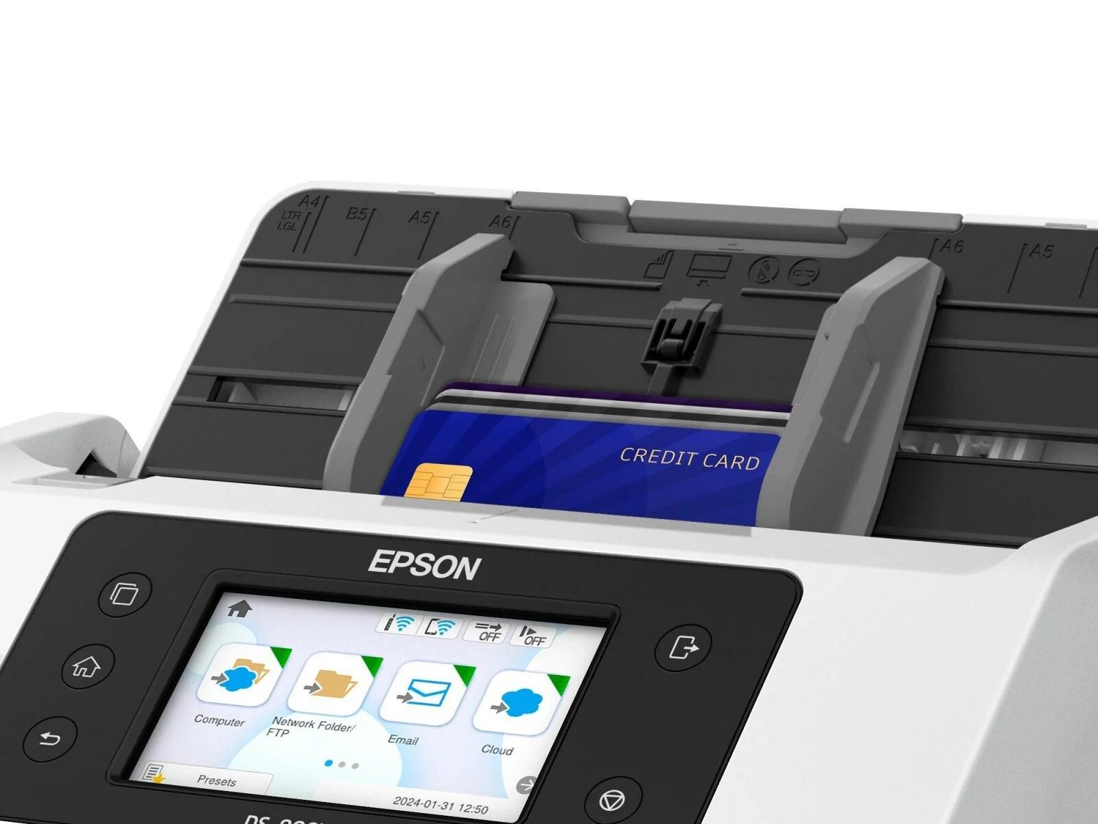 Epson WorkForce DS-900WN B11B276401 skener.
*Vysoká rýchlosť 70 str./min / 140 obr./min, 11 000 strán denného pracovného cyklu, automatický podávač dokumentov na 100 listov
*Možnosti pripojenia k sieti USB 3.2 Gen1, Wi-Fi, Wi-Fi Direct, LAN
*Užívateľsky prívetivá Prispôsobiteľná dotyková obrazovka LCD, skenovanie priamo – nie je potrebný počítač
*Efektivita Nízka spotreba energie

Open platform
Model DS-900WN je vybavený webovou technológiou Open Platform, ktorá umožňuje bezproblémovú integráciu so softvérom Epson alebo softvérovými riešeniami tretích strán.

Možnosti pripojenia k sieti
Integrovaná sieťová konektivita znamená, že skener môže zdieľať viacero používateľov a každý používateľ si môže vytvoriť vlastné nastavenia.

Vysoká rýchlosť
DS-900WN rýchlo a bezpečne spracováva a digitalizuje veľké množstvo dokumentov.

Technológie
Typ skenera: Skener s podávačom
Skenovacie rozlíšenie: 600 dpi x 600 dpi (horizontálne x vertikálne)
Minimálna veľkosť dokumentu ADF: 50,8 mm x 50,8 mm (horizontálne x vertikálne)
Maximálna veľkosť dokumentu ADF: 215,9 mm x 6.096 mm (horizontálne x vertikálne)
Formáty papiera: A4 (21.0x29,7 cm), A5 (14,8x21,0 cm), A6 (10,5x14,8 cm), B4, B5, B6, obálka, Letter, Letter Legal, Pohľadnice, Vizitky, Plastové karty
Hĺbka farieb: Vstup: 30 bitov Farba / 10 bitov Čiernobielo, Výstup: 24 bitov Farba / 8 bitov Čiernobielo
Ultrazvuk.
Category: Sieť, Vysoká kapacita, Bežná kancelária

Skener
Zdroj svetla: Technológia ReadyScan LED
LCD displej: Typ: Farebne, Dotyková obrazovka, Uhlopriečka: 10,9 cm

Rýchlosť skenovania
Rýchlosť skenovania: 70 str./min ( Monochromatický, Jednostranný, 300 dpi, Automatický podávač dokumentov (ADF) ); 70 str./min ( Farba, Jednostranný, 300 dpi, Automatický podávač dokumentov (ADF) ); 140 strán/min ( Monochromatický, Obojstranný, 300 dpi, Automatický podávač dokumentov (ADF) ); 140 strán/min ( Farba, Obojstranný, 300 dpi, Automatický podávač dokumentov (ADF) );

Spracovanie papiera/médií
Kapacita papiera ADF: 100 Listov
Gramáž papiera ADF: Automatické podávanie: 27 - 413 g/m2
Typ automatického podávača dokumentov: Jednoprůchodové obojstranné skenovanie
Spoľahlivosť dennej kapacity: 11.000 Strany
Automatický podávač dokumentov: Štandard (integr.)
Duplexné skenovanie: Áno

Všeobecné informácie
Napájanie: AC 100 V - 240 V, 50 Hz - 60 Hz
Rozmery výrobku: 296?
Hmotnosť výrobku: 3,7 kg
Ovládače: Epson Scan2 (TWAIN), SANE (Linux), WIA (Windows), ICA (systém Mac), ISIS (Windows)
Obsiahnutý softvér: Document Capture Pro, Epson Scan 2
kompatibilné operačné systémy: Linux, MAC OS 10.15 + alebo novší, Windows 11 alebo novší
Thin Client: Citrix Virtual Apps & Desktop
Spotreba energie: 19 W, 5,6 W (ekonomický), 1,2 W (pohotovostný režim)
vlhkosť vzduchu: Prevádzka 15% - 80%, skladovanie 25% - 60%
Teplota: Prevádzka 5° C - 35° C, skladovanie -25° C - 60° C
Doplnky: Roller Assembly Kit