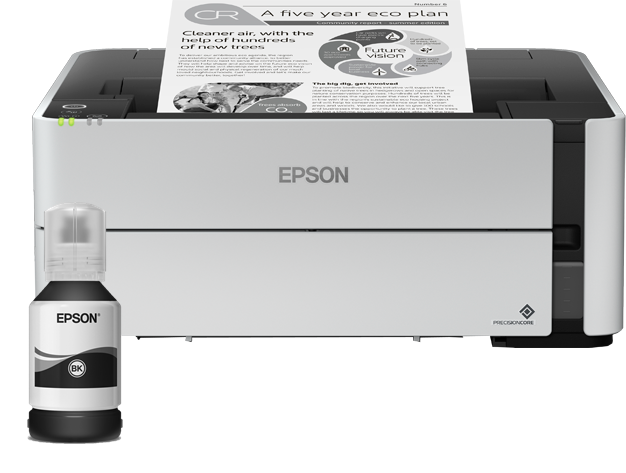 Epson EcoTank M1180 C11CG94403 atramentová tlačiareň.
Vysoká výťažnosť spolu s úspornou atramentovou technológiou spoločnosti Epson ponúka nízke celkové náklady na vlastníctvo aj nízke náklady na stranu.

Úspora času
Jedná sa o spoľahlivú tlačiareň bez atramentových kaziet so zdokonaleným spôsobom dopĺňania atramentu z fľaštičiek, ktorý znižuje potrebu údržby na minimum.

Úspora energie
Atramentová technológia nevyžaduje na rozdiel od laseru zahrievanie, vďaka čomu je energetická spotreba nižšia, a tým sú nižšie aj náklady na energie.

Možnosti pripojenia
Vďaka pripojeniu cez Wi-Fi, ethernetové rozhranie a USB a kompaktným rozmerom možno tlačiareň ľahko umiestniť na pracovný stôl a pripojiť k počítaču či notebooku používateľa.
Technológie
Metóda tlače: Tlačová hlava PrecisionCore™ TFP
Konfigurácia trysiek: 400 trysiek čierna
Min.
Technológia atramentu: Pigmentový atrament
Aplikácia: Domáca kancelária, Pracovná skupina, Stredná pracovná skupina

Tlač
Rýchlosť tlače ISO/IEC 24734: 20 str./min Čiernobielo
Rýchlosť obojstrannej tlače ISO/IEC 24734: 9 A4 str./min.
Rýchlosť tlače: 39 str./min Čiernobielo (obyčajný papier)
Tlačové rozlíšenie: 1.200 x 2.400 dpi
Farby: Čierna

Možnosti pripojenia
Rozhranie: Vysokorýchlostné rozhranie USB – kompatibilné s USB 2.0, Ethernetové rozhranie (100 Base-TX / 10 Base-T), Wi-Fi Direct, bezdrôtová sieť LAN IEEE 802.11 b/g/n (WiFi 4)

Spracovanie papiera/médií
Formáty papiera: A4, Legal
Duplexná tlač: Áno
Kapacita zásobníka papiera: 250 Listov
Kapacita výstupného zásobníka: 100 Listov
Vhodná gramáž papiera: 64 g/m2 - 90 g/m2

Všeobecné informácie
Spotreba energie: 0,8 W (úsporný režim), 14 W (tlač), 3,4 W Pripravené, 2 W (vypnutie), TEC 0,13 kWh/týždeň
Rozmery výrobku: 375 x 347 x 151 mm (šírka x hĺbka x výška)
Hmotnosť výrobku: 4,3 kg
Max.

Obsah dodávky
napájací kábel, Tlačiareň, Záručný dokument, X2 fľaše s atramentom

Záruka:
24 mesiacovZískajte predĺženú 3-ročnú záruku po registrácii na stránkach Epson.
 
!