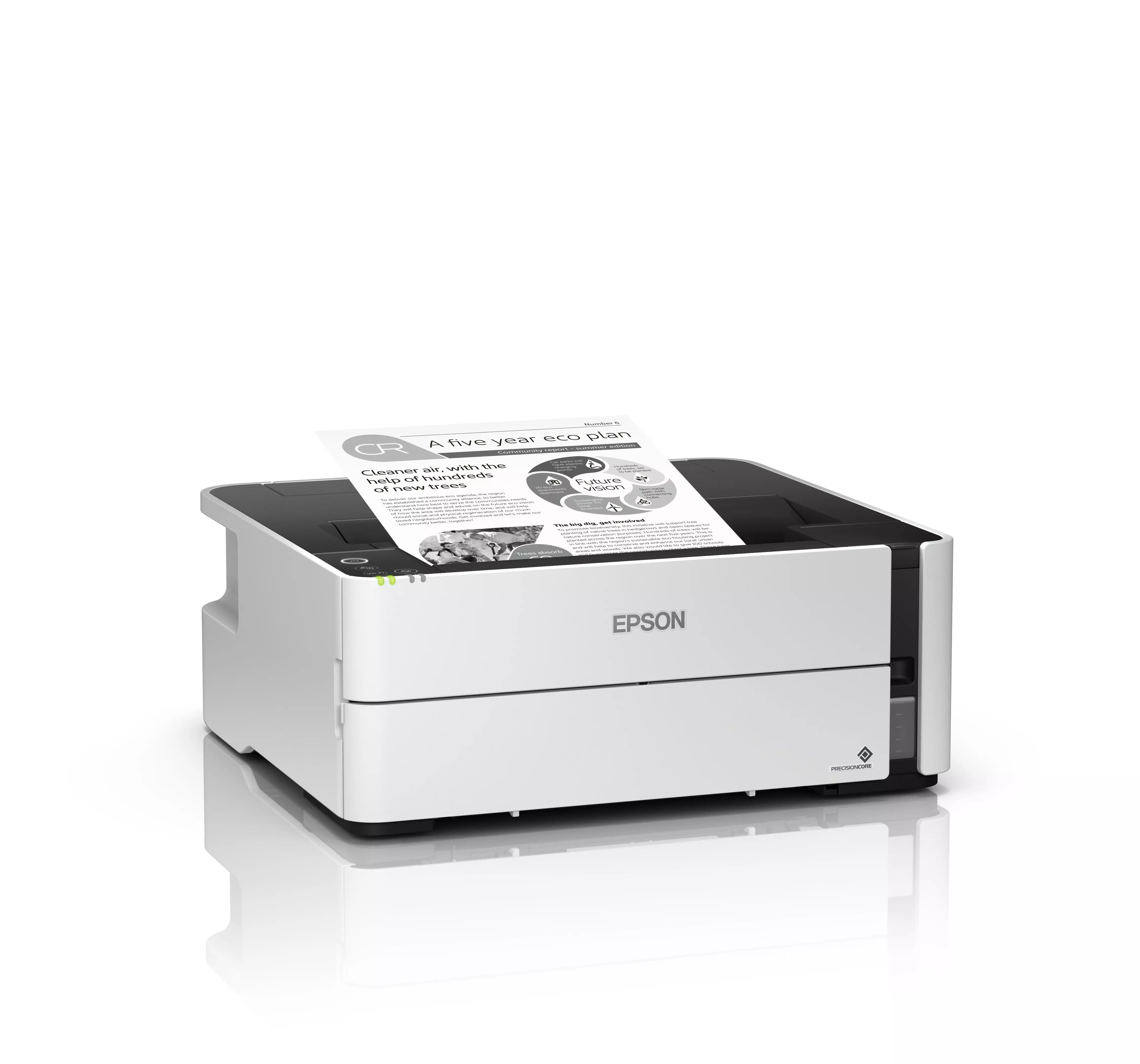 Epson EcoTank M1180 C11CG94403 atramentová tlačiareň.
Vysoká výťažnosť spolu s úspornou atramentovou technológiou spoločnosti Epson ponúka nízke celkové náklady na vlastníctvo aj nízke náklady na stranu.

Úspora času
Jedná sa o spoľahlivú tlačiareň bez atramentových kaziet so zdokonaleným spôsobom dopĺňania atramentu z fľaštičiek, ktorý znižuje potrebu údržby na minimum.

Úspora energie
Atramentová technológia nevyžaduje na rozdiel od laseru zahrievanie, vďaka čomu je energetická spotreba nižšia, a tým sú nižšie aj náklady na energie.

Možnosti pripojenia
Vďaka pripojeniu cez Wi-Fi, ethernetové rozhranie a USB a kompaktným rozmerom možno tlačiareň ľahko umiestniť na pracovný stôl a pripojiť k počítaču či notebooku používateľa.
Technológie
Metóda tlače: Tlačová hlava PrecisionCore™ TFP
Konfigurácia trysiek: 400 trysiek čierna
Min.
Technológia atramentu: Pigmentový atrament
Aplikácia: Domáca kancelária, Pracovná skupina, Stredná pracovná skupina

Tlač
Rýchlosť tlače ISO/IEC 24734: 20 str./min Čiernobielo
Rýchlosť obojstrannej tlače ISO/IEC 24734: 9 A4 str./min.
Rýchlosť tlače: 39 str./min Čiernobielo (obyčajný papier)
Tlačové rozlíšenie: 1.200 x 2.400 dpi
Farby: Čierna

Možnosti pripojenia
Rozhranie: Vysokorýchlostné rozhranie USB – kompatibilné s USB 2.0, Ethernetové rozhranie (100 Base-TX / 10 Base-T), Wi-Fi Direct, bezdrôtová sieť LAN IEEE 802.11 b/g/n (WiFi 4)

Spracovanie papiera/médií
Formáty papiera: A4, Legal
Duplexná tlač: Áno
Kapacita zásobníka papiera: 250 Listov
Kapacita výstupného zásobníka: 100 Listov
Vhodná gramáž papiera: 64 g/m2 - 90 g/m2

Všeobecné informácie
Spotreba energie: 0,8 W (úsporný režim), 14 W (tlač), 3,4 W Pripravené, 2 W (vypnutie), TEC 0,13 kWh/týždeň
Rozmery výrobku: 375 x 347 x 151 mm (šírka x hĺbka x výška)
Hmotnosť výrobku: 4,3 kg
Max.

Obsah dodávky
napájací kábel, Tlačiareň, Záručný dokument, X2 fľaše s atramentom

Záruka:
24 mesiacovZískajte predĺženú 3-ročnú záruku po registrácii na stránkach Epson.
 
!