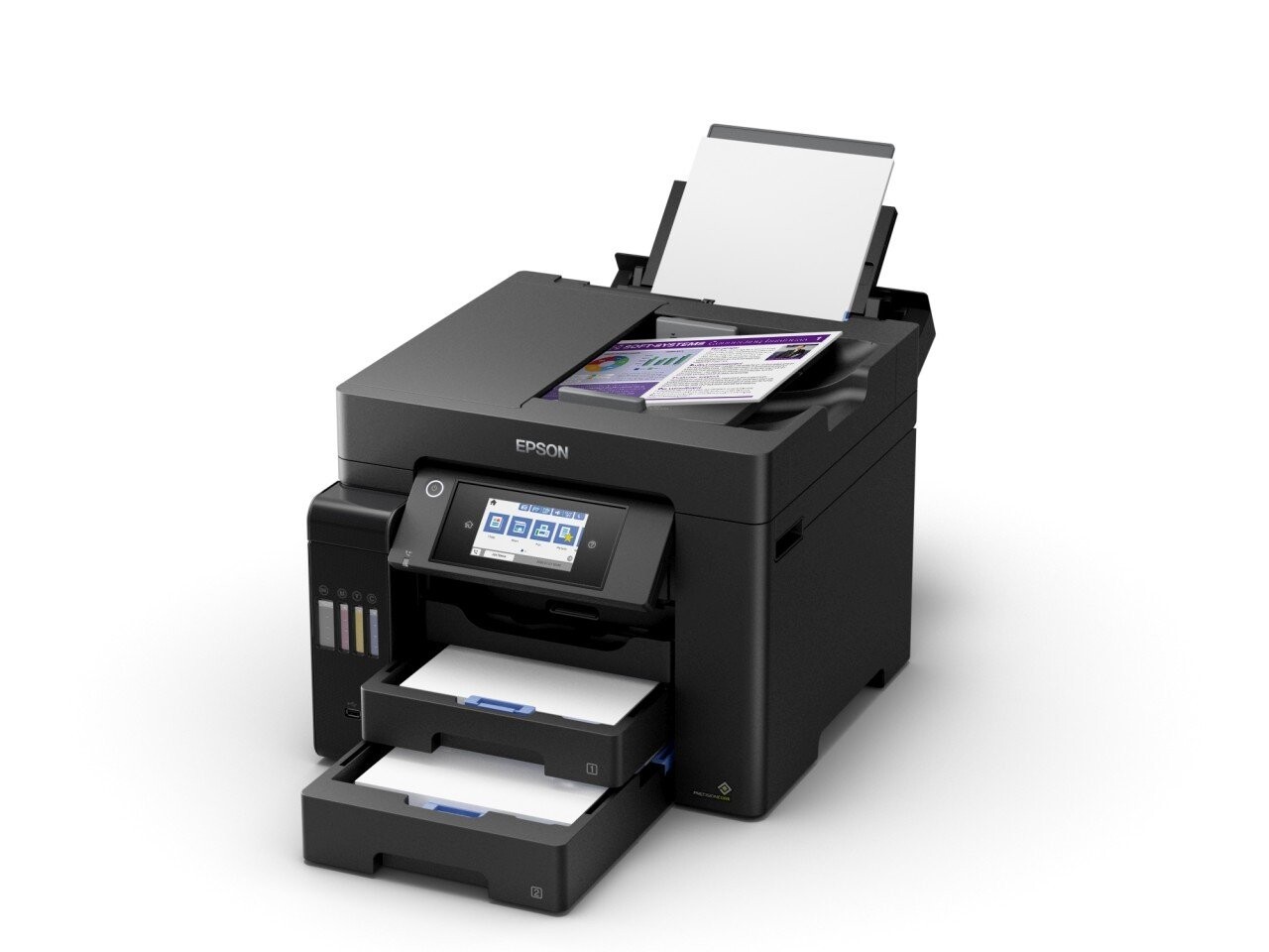 Epson L6570 C11CJ29402 atramentová multifunkcia.

S touto ľahko použiteľnou tlačiarňou EcoTank môžete tlačiť, skenovať, kopírovať a faxovať dokumenty pri naozaj výnimočne nízkych nákladoch na jednu stranu.

* LCD displej: Typ: Farebný, Dotyková obrazovka, Uhlopriečka: 10,9 cm
* Tlačová hlava PrecisionCore
* Tlač, Skenovanie, kopírovanie, Fax

Formát tlačiarne:  A4
Rozlíšenie[DPI]:  4.800 x 1.200 dpi
Rýchlosť tlače [str./min.]:  32 Str./min Čiernobielo (obyčajný papier), 32 Str./min Colour (obyčajný papier)
Rýchlosť čiernej tlače [str./min.]:  25 Str./min - ISO/IEC 24734
Rýchlosť farebnej tlače [str./min.]:  25 Str./min - ISO/IEC 24734
Rýchlosť obojstrannej tlače ISO/IEC 24734: 21 A4 str./min.
Tlač prvej strany [sek.]:  Čiernobielo 5,5 s, Farebne 6 s

Obojstranná tlač:  Áno (A4, obyčajný papier)
Automatický podávač pre skenovanie:  áno
Spracovanie médií:  Automatický podávač dokumentov, obojstranná kópia (A4, obyčajný papier), Automatický podávač dokumentov, obojstranný fax (A4, obyčajný papier), Automatický podávač dokumentov, obojstranné skenovanie (A4, obyčajný papier), Automatická obojstranná tlač (A4, obyčajný papier)

Kapacita zásobníka [str.]: 

Automatický podávač dokumentov: 50 Strán
Kapacita výstupného zásobníka: 125 Listov
Kapacita zásobníka papiera: 550 Listov Štandardná

Rozhranie:  USB, Ethernet, bezdrôtová sieť LAN IEEE 802.11a/b/g/n/ac (WiFi 5), Wi-Fi Direct

Skenér: 

Obojstranné skenovanie
Rýchlosť jednostranného skenovania (A4 čiernobielo): 27,5 ipm s ADF skenom 5 sek.
Rýchlosť obojstranného skenovania (A4 čiernobielo): 11 ipm with ADF scan
Rýchlosť jednostranného skenovania (A4 farebne): 9 ipm with ADF scan 10 sec.
Rýchlosť obojstranného skenovania (A4 farebne): 6 ipm with ADF scan
Skenovacie rozlíšenie: 1.200 dpi x 2.400 dpi (horizontálne x vertikálne)
Optické rozlíšenie (ADF): 1.200 dpi x 2.400 dpi (horizontálne x vertikálne)
Výstupné formáty: BMP, JPEG, TIFF, multi-TIFF, PDF, PNG
Typ skenera: Contact image sensor (CIS)

Fax:  Čiernobiele aj farebné faxovanie bez nutnosti zapínať počítač

Spotreba [W]:  19 W (samostatné kopírovanie, vzor ISO/IEC 24712), 0,8 W (úsporný režim), 9,1 W Pripravené, 0,2 W (vypnutie), TEC 0,14 kWh/týždeň
Rozmery:  425 x 500 x 350 mm (šírka x hĺbka x výška)
Hmotnosť [kg]:  17,8 kg

Podporované operačné systémy:  Mac OS X 10.6.8 alebo novší, Windows 10 (32/64 bit), Windows 7 (32/64 bit), Windows 8 (32/64-bitová verzia), Windows 8.1 (32/64 bit), Windows Server 2008 R2, Windows Server 2012 R2, Windows Server 2016, Windows Vista (32/64bitová verzia), Windows XP Professional x64 Edition SP2 alebo novší, Windows XP SP3 alebo novší (32-bit), Windows Server 2003 R2, spectextoptionoperatingsystemswin2003ii2, Verzia Windows XP Professional x64

Obsah balenia: 1 sada atramentu (1 × 127 ml BK, 3 × 70 ml CMY), Hlavné zariadenie, napájací kábel, Úvodná príručka, User guide

Záruka: 24 mesiacov
 
!
Chcete ZDARMA predĺžiť záruku na 3 roky?