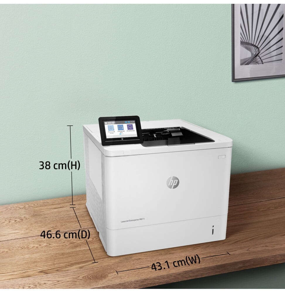 HP LaserJet Enterprise M611dn 7PS84A#B19 laserová tlačiareň.

* Najbezpečnejšia tlač od spoločnosti HP
*Vysoký výkon a energetická účinnosť
* Spoľahlivý výkon a zabezpečenie

Formát tlačiarne:  A4

Rozlíšenie[DPI]: 
Čiernobielo (najlepšie): Až 1 200 x 1 200 dpi
Technológia: Normálny režim FastRes 1200; detailný (1 200 x 1 200 dpi), náhľad (300 x 300 dpi), úsporný režim (600 x 600 dpi)

Rýchlosť čiernej tlače: 
Čiernobielo (A4, normálny): Až 61 str./min
Čiernobielo (A4, obojstranný): Až 50 obr./min

Tlač prvej strany [sec]: 
Čiernobielo (A4, pripravené): Už za 5,1 s
Čiernobielo (A4, režim spánku): Rýchlosť až 1 mm za 7,9 s

Max.

Pamäť [MB]:

Štandardná: 512 MB
Maximálna: Maximálna pamäť 1,5 GB, ak je nainštalovaná 1 GB doplnková pamäť DIMM

Obojstranná tlač:  Automatická (štandardná)

Kapacita zásobníka [str]: 

*Štandardný vstup: Viacúčelový podávač na 100 listov, vstupný podávač na 550 listov, automatický podávač dokumentov na 150 listov

*Štandardný výstup: Výstupný zásobník na 500 listov

*Voliteľný vstup: Voliteľný podávač papiera na 1x 550 listov, voliteľný podávač papiera na 1x 550 listov s podstavcom a skriňou, voliteľný podávač papiera na 3x 550 listov s podstavcom, voliteľný vysokokapacitný podávač papiera s podstavcom a podávačom na 1x 550 listov a podávačom na 1x 2 000 listov

Rozhranie: 

Štandardné: 1x vysokorýchlostný port USB 2.0 pre zariadenie; 2x vysokorýchlostný hostiteľský port USB 2.0; 1x sieťový port Gigabit Ethernet 10/100/1000T; 1x rozhranie pre integráciu hardvéru

Voliteľné: Príslušenstvo HP Jetdirect 3100w BLE/NFC/Wireless 3JN69A; Príslušenstvo HP Jetdirect LAN 8FP31A

Bezdrôtové pripojenie: Voliteľné, nutnosť zakúpenia hardvérového príslušenstva pre bezdrôtové pripojenie S príslušenstvom HP Jetdirect 3000w NFC/Wireless je k dispozícii funkcia jednopásmovej bezdrôtovej stanice a Wi-Fi Direct J8030A, s príslušenstvom HP Jetdirect 3100w BLE/NFC/Wireless je k dispozícii funkcia dvojpásmovej bezdrôtovej stanice a Wi-Fi Direct 3JN69A, s tlačovým serverom HP Jetdirect 2900nw je k dispozícii funkcia dvojpásmovej bezdrôtovej stanice J8031A

Tlačové jazyky:  HP PCL 6, HP PCL 5, emulácia HP Postscript 3.

Spotreba [W]:  780 W (tlač), 15,3 W (pohotovostný režim), 3,1 W (režim spánku),