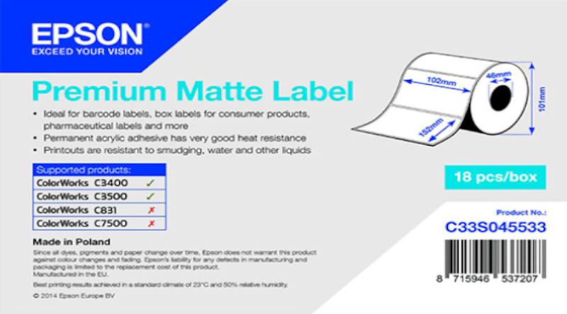 Levně Epson C33S045533 Premium Matte, pro ColorWorks, 102x152mm, 225ks, bílé samolepicí etikety