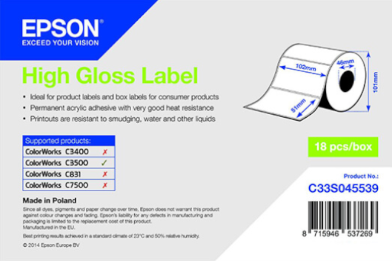 Levně Epson C33S045539 High Gloss, pro ColorWorks, 102x51mm, 610ks, bílé samolepicí etikety