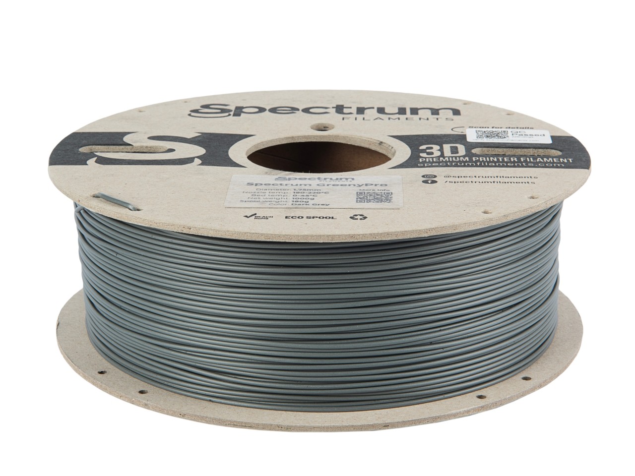 Spectrum 80902 3D filament, greenyPro, 1,75mm, 1000g, tmavo sivý (Dark grey).
Vlastnosti materiálu

Vysoká odolnosť proti nárazu
Vynikajúca pevnosť v ohybe
Biologicky odbúrateľný podľa DIN EN ISO 14855
VICAT – 160 °C
Polomatný povrch tlače
Ľahko sa tlačí
V súlade s FDA a schválené pre styk s potravinami
Všestranné použitie
Ekologicky šetrné kartónové role



Aplikácie

Vytváranie prototypov
Náhradné diely
Nástroje
Koncepčné modely