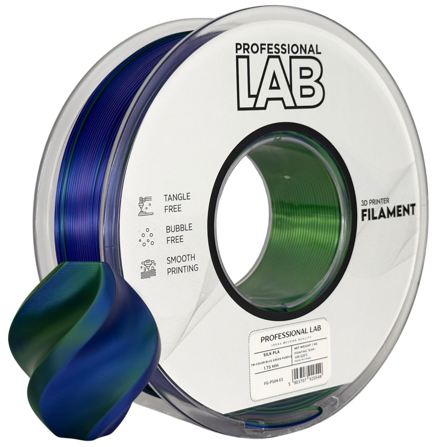 Levně Professional Lab FG-P104-E1, 3D filament, PLA Silk, 1,75mm, 1000g, Tri Color, Vícebarevný (Blue, Green, Purple)