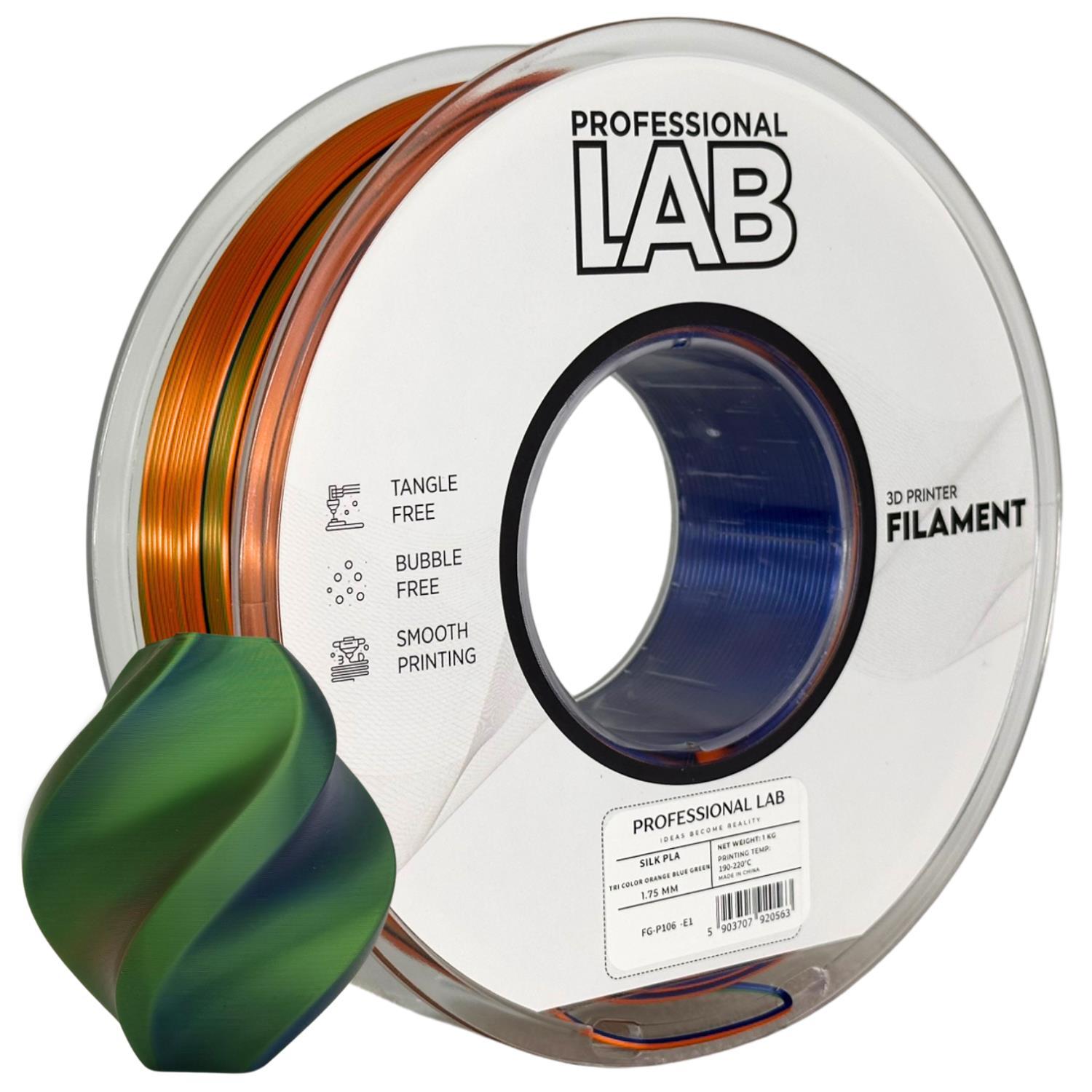 Levně Professional Lab FG-P106-E1, 3D filament, PLA Silk, 1,75mm, 1000g, Tri Color, Vícebarevný (Orange, Blue, Green)