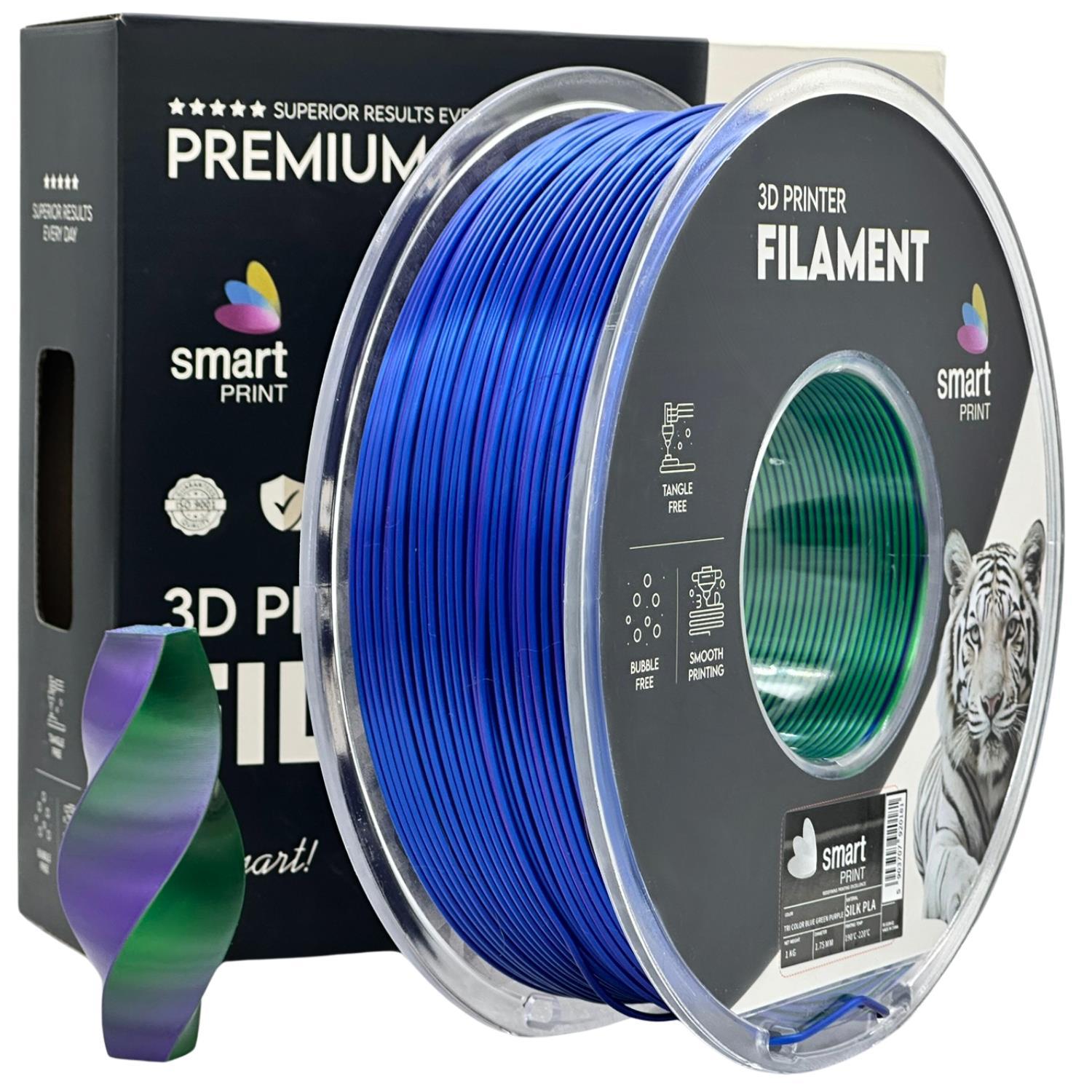 Levně Smart Print FG-S104-E1, 3D filament, PLA Silk, 1,75mm, 1000g, Tri Color, Vícebarevný (Blue, Green, Purple)