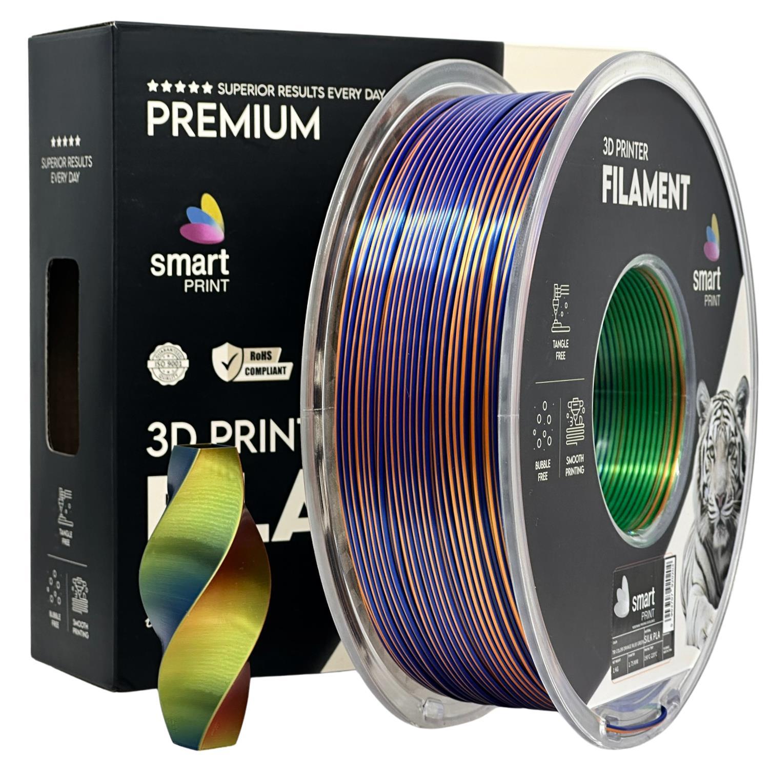 Levně Smart Print FG-S106-E1, 3D filament, PLA Silk, 1,75mm, 1000g, Tri Color, Vícebarevný (Orange, Blue, Green)