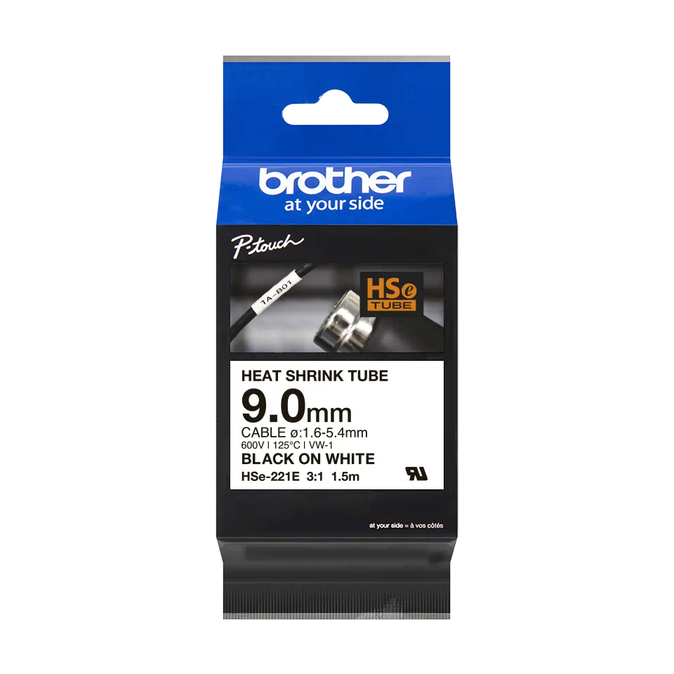 Brother HSe-221E Pro Tape, 9 mm x 1.5 m, čierna tlač / biely podklad, originálna páska