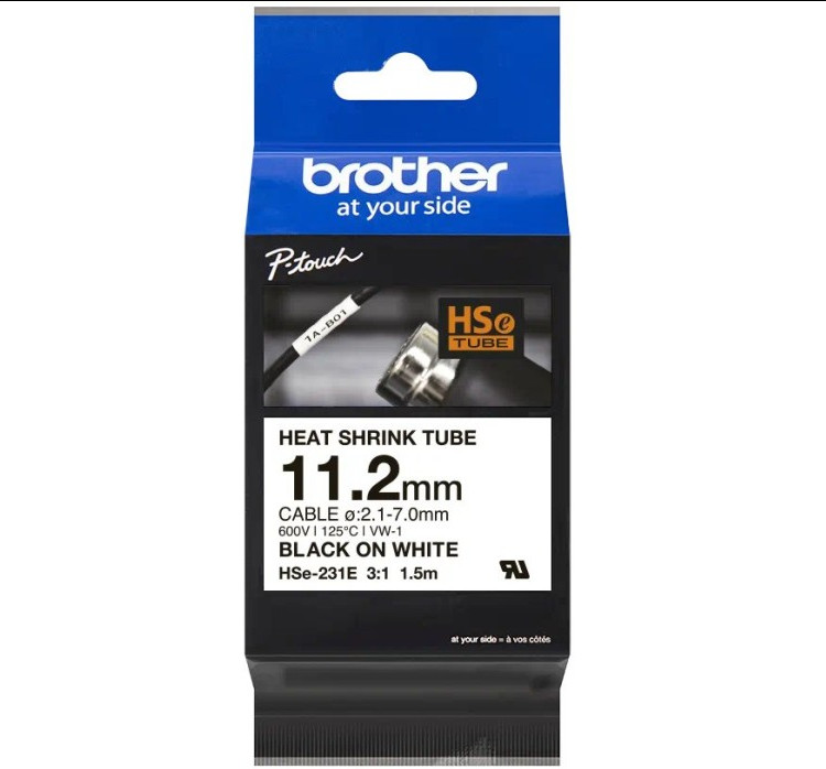 Brother HSe-231E Pro Tape, 11.2 mm x 1.5 m, čierna tlač / biely podklad , originálna páska