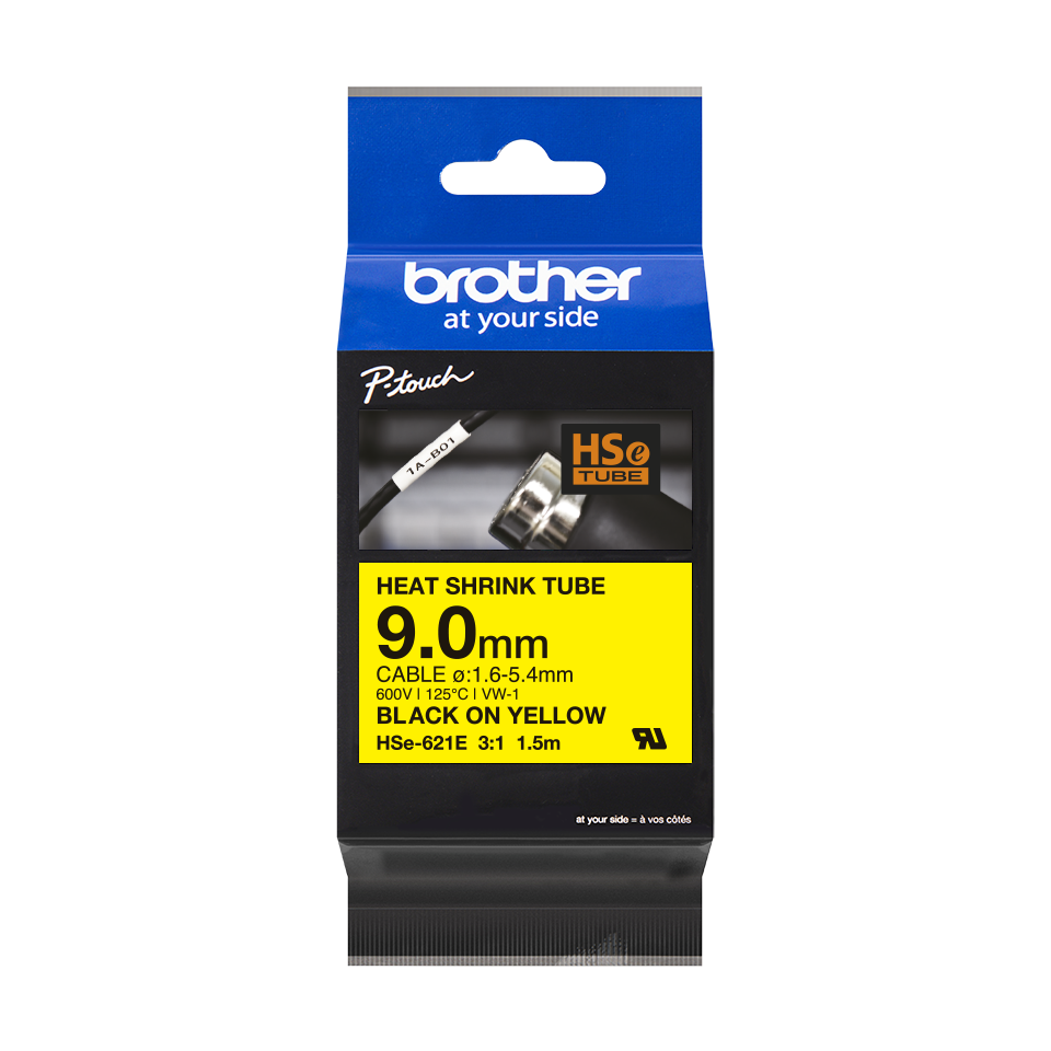 Brother HSe-621E Pro Tape, 9 mm x 1.5. m, čierna tlač / žltý podklad , originálna páska