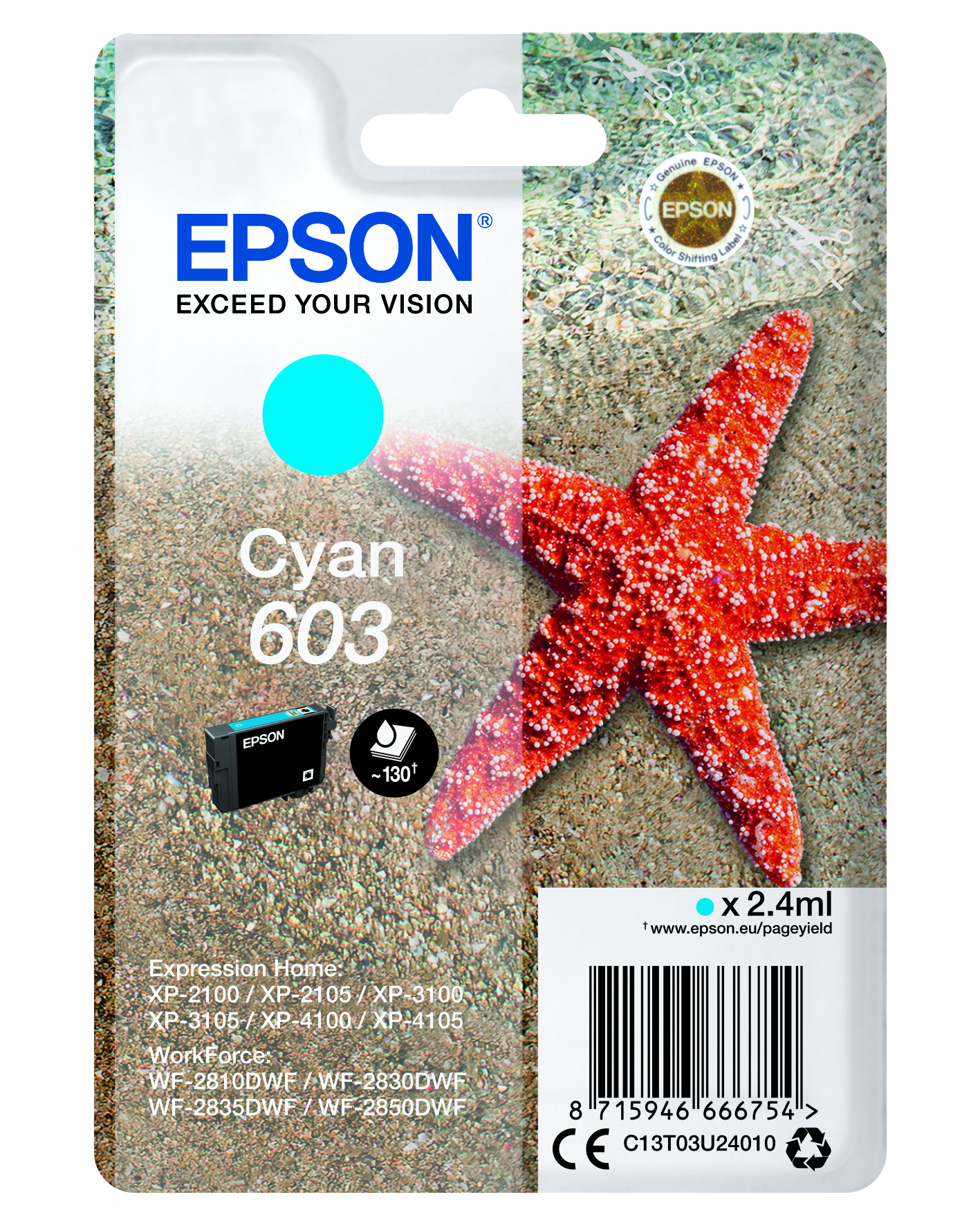 Levně Epson 603 C13T03U24010 azurová (cyan) originální cartridge