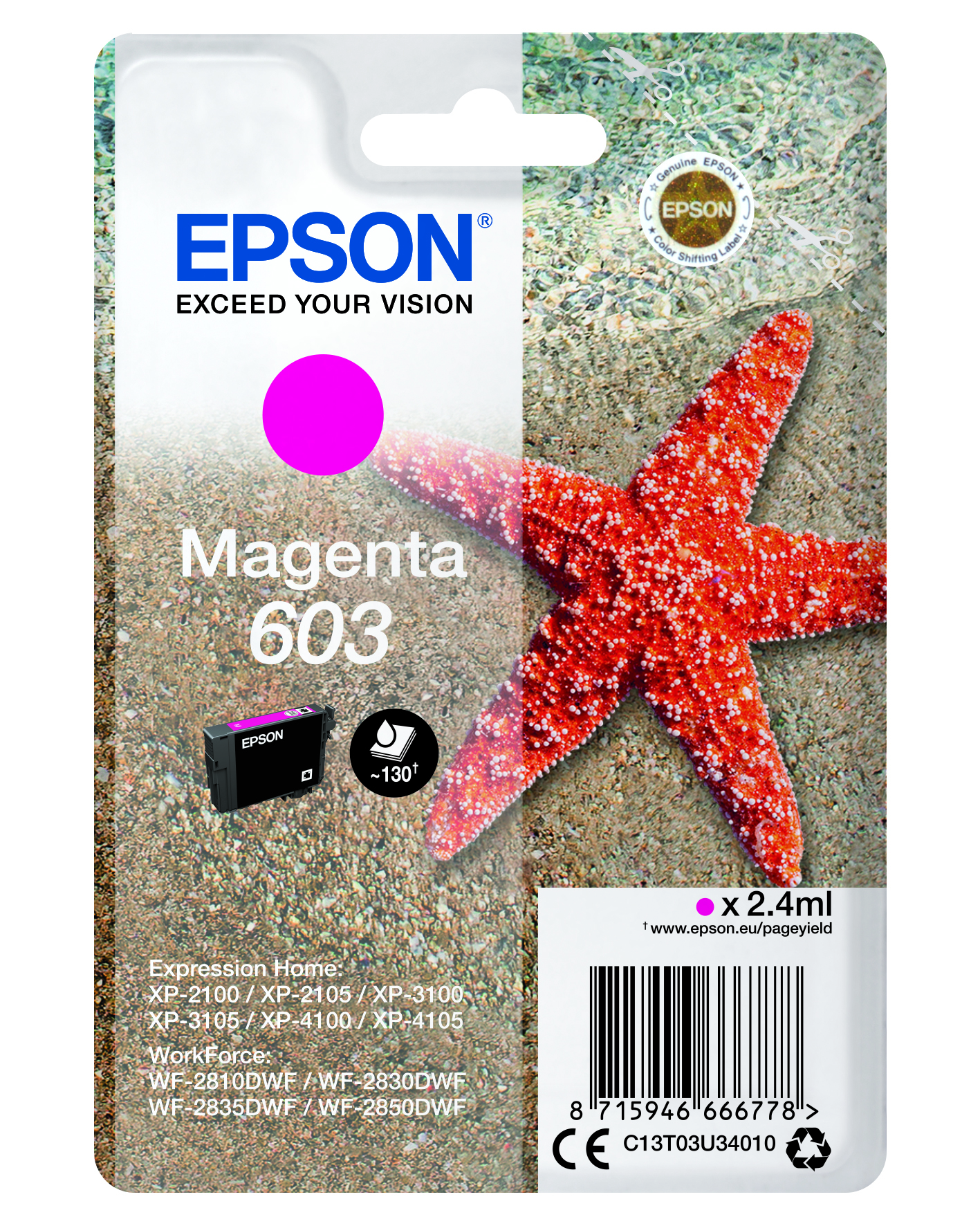 Levně Epson 603 C13T03U34010 purpurová (magenta) originální cartridge