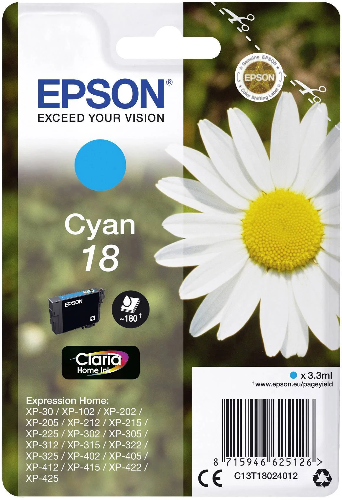 Levně Epson 18 C13T18024012 azurová (cyan) originální cartridge