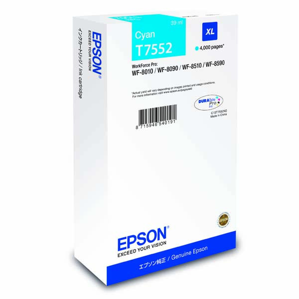 Epson C13T755240 T7552 XL azúrová (cyan) originálna cartridge.
 
Prečo kúpiť našu originálnu náplň Epson?
 
 

Originálne cartridge = záruka priamo od výrobcu tlačiarne
100% použitie v tlačiarni - spoľahlivá a bezproblémová tlač
Použitím originálnej náplne predlžujete životnosť tlačiarne
Osvedčená špičková kvalita - jasný a čitateľný text, jemná grafika, kvalitnejšie obrázky
Použitie originálnej kazety ponúka rýchly a vysoký výkon a napriek tomu stabilné výsledky = EFEKTÍVNA TLAČ
Jednoduchá inštalácia a údržba
Zabezpečujeme bezplatnú recykláciu originálnych náplní
Garancia Vašej spokojnosti pri použití našej originálnej náplne
C13T755240