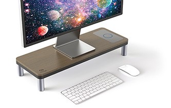 Podstavec pod monitor, dockovací stanice a bezdrátová nabíječka, prostor pro klávesnici, šedý + tmavý dřevodekor, ocel-plast, 20 k