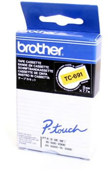 Brother TC-691, 9mm x 7,7m, čierna tlač / žltý podklad, originálna páska