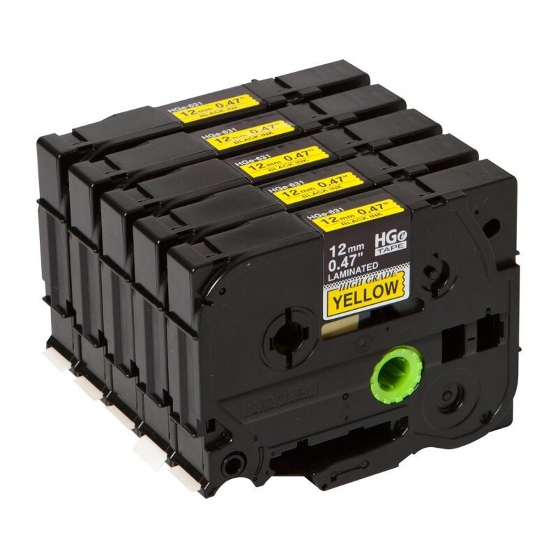 Levně Brother HGE-631, 12mm x 8m, černý tisk/žlutý podklad, originální páska