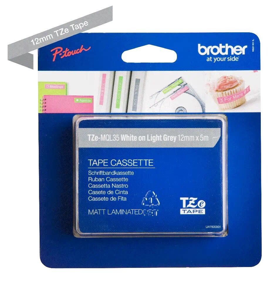 Brother TZe-MQL35, 12mm x 5m, bílý tisk / světle šedý podklad, originální páska
