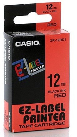 Levně Casio XR-18RD1, 18mm x 8m, černý tisk/červený podklad, originální páska