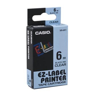 Casio Casio XR-6 X1 original label printer tape, Casio, XR-6X1, black print/transparent background, 6mm