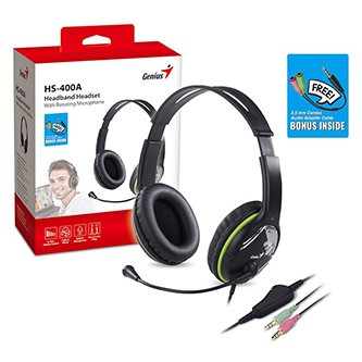 Genius HS-400A sluchátka s mikrofonem+redukce na single Jack, drátová, černá, 2 3,5 mm jack + redukce na 1 3,5 mm jack