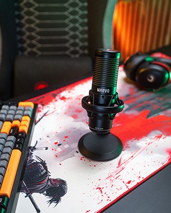 Marvo, herní/streamovací mikrofon, BLAST 60 Black, černý, RGB podsvícení, vstup pro sluchátka.