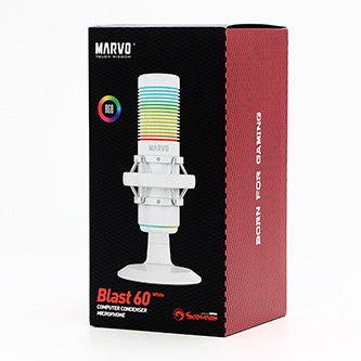 Marvo, herní/streamovací mikrofon, BLAST 60 White, bílý, RGB podsvícení, vstup pro sluchátka.