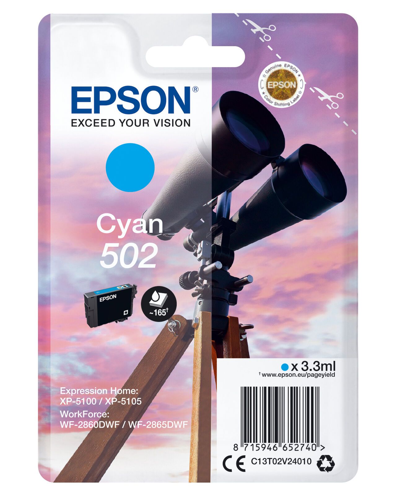 Levně Epson 502 C13T02V24020 azurová (cyan) originální cartridge, výprodej