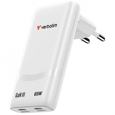 Verbatim Fold ,n, Go, GaN nabíječka do sítě 2 USB-C PD 3.0, bílá, 65W, pevná EU vidlice