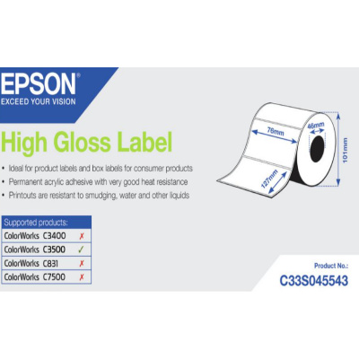 Epson C33S045543 High Gloss, pro ColorWorks, 76x127mm, 250ks, bílé samolepicí etikety