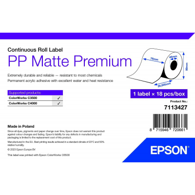 Epson 7113427 PP Matte, pro ColorWorks, 76mmx29m, polypropylen, bílé samolepicí etikety