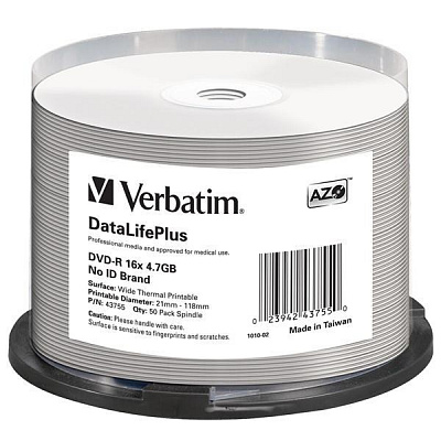 VERBATIM DVD-R(50-Pack)/Spindle/16X/4.7GB/DataLife Plus Wide Thermal Professional  No ID Brand