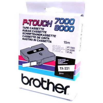 Brother TX-221, 9mm x 8m, černý tisk / bílý podklad, originální páska