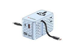 Verbatim, Cestovní adaptér univerzální Charge ,n, Travel 1x USB-C, 1X USB-A + 2x integrovaný kabel USB-C, modrá, 70 W