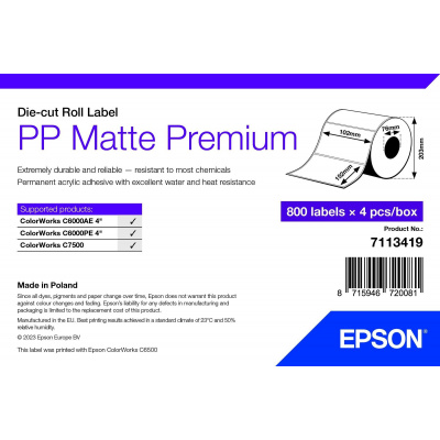 Epson 7113419 PP Matte, pro ColorWorks, 102x152mm, 800ks, polypropylen, bílé samolepicí etikety