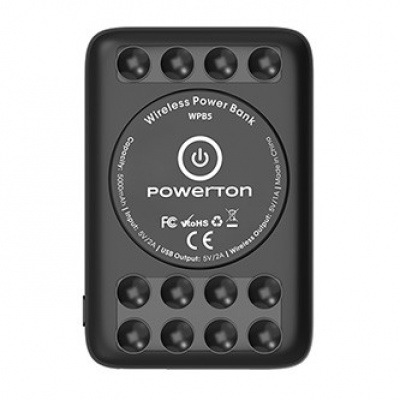 Powerton, power banka s bezdrátovým nabíjením, Li-Pol, 5V, nabíjení telefonů/tabletů, WBP5, 5000mAh, přísavky pro přilnutí k telef